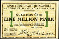 RHEINLAND. 
Köln-Lindenthal, Metallwerke-AG. 1, 2, 5 Mio. Mark 15.8.1923 (3). v.E.&nbsp; 863.1a,3.5., Ke.&nbsp; 2734a. . 

I, II, II