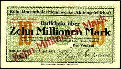 RHEINLAND. 
Köln-Lindenthal, Metallwerke-AG. 10 Mrd. Mark 27. 10.1923 Überdruck auf 10 Mio. Mark vom 15.8.1923. v.E.&nbsp; 863.9, Ke.&nbsp; 2734.b. ....