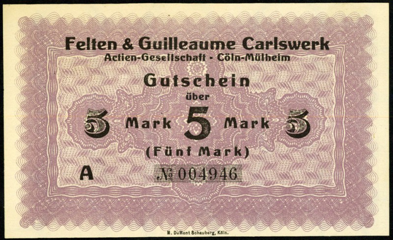 RHEINLAND. 
Köln-Mülheim, Felten & Guilleaume Carlswerk-AG. 5 Mark o.D. - 1.2.1...