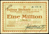 RHEINLAND. 
Köln -Mülheim u. Bergisch Gladbach, Julius Richter Fabrik für Eisenbahnbedarf. 1 Mio. Mark 11.8.1923 - 15.10.1923. Entwertet. v.E. 892.1,...