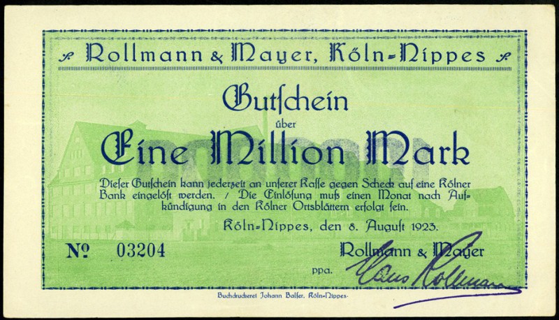 RHEINLAND. 
Köln-Nippes, Rollmann & Mayer. 500 T.,1 Mio. Mark 8.8.1923 (2). v.E...