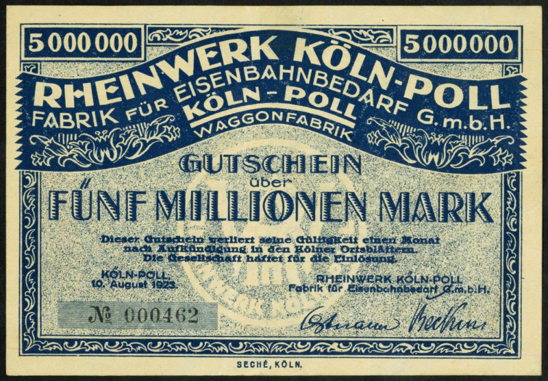 RHEINLAND. 
Köln-Poll, Rheinwerk GmbH. 1, 5 Mio. Mark 10.08.1923. v.E.&nbsp; 88...