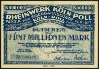 RHEINLAND. 
Köln-Poll, Rheinwerk GmbH. 1, 5 Mio. Mark 10.08.1923. v.E.&nbsp; 883.2,4 ., Ke.&nbsp; 2752b. . 

I-III