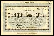 RHEINLAND. 
Köln-Sülz, K.Werkzeugmaschinenfabrik W. Quester. 2 Mio. Mark 20.8.1923 - 30.9.1923. v.E. 886.- zu.1, Ke. 2755.b. perf.WQ,. 

II