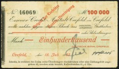 RHEINLAND. 
Krefeld, Deutsche Bank. 5 Mio. Mark 10.8.1923 Scheck auf Dresdner Bank, 100 T.Mark 18.7.1923 Scheck auf Essener Credit-Anstalt.(2). Ke. 9...