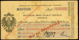 RHEINLAND. 
Krefeld, Essener Credit-Anstalt. 100 T. Mark 18.7.1923 Postkartenscheck auf Deutsche Bank. Ke.&nbsp; 919a, v.E. 243.-. . 

III-