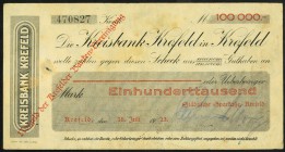 RHEINLAND. 
Krefeld, Städtische Sparkasse. 100 T. Mark 18.7.1923 Scheck auf Kreisbank. v.E. 263.2, Ke. 924. . 

dünne Stelle, III
