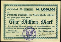 RHEINLAND. 
Marienheide, Bürgermeisteramt. 1 Mio.Mark 20.8.1923 -31.10.1923 erste Null der WZ rund.Papier weiß. v.E. 950.5., Ke. 3448.c. . 

II