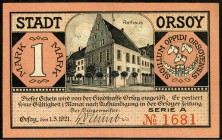 RHEINLAND. 
Orsoy, Stadt. 1 Mark 1.5.1921 mit KN und Rs.Rand unten mit und ohne Textzeile (2). v.E 1073.4a,b. . 

I-II