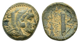 KINGS of MACEDON. Alexander III 'the Great' (336-323 BC).Uncertain in Macedon.Ae.

Obv : Head of Herakles right, wearing lion skin.

Rev : ΑΛΕΞΑΝΔΡΟΥ....