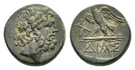 BITHYNIA. Dia.(Circa 85-65 BC).Ae.

Obv : Laureate head of Zeus to right.

Rev : ΔΙΑΣ.
Eagle standing left on thunderbolt, head right; monograms to le...