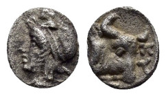 MYSIA. Kyzikos.(Circa 410-400 BC).Hemiobol.

Obv : Head of Attis left, wearing Phrygian cap.

Rev : KYZI.
Head of bull facing slightly right.
Klein 26...