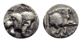 MYSIA.Kyzikos.(Circa 450-400 BC).Obol.

Obv : Forepart of boar left; tunny to right.

Rev: Head of roaring lion left; retrograde K in upper left field...