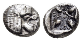 IONIA. Miletos.(6th-5th century BC).Obol.

Obv : Forepart of lion left, head reverted.

Rev : Stellate design within square incuse.
SNG Kayhan 462-75....