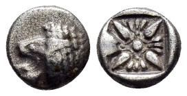 IONIA.Miletos.(6th-5th centuries BC).Diobol.

Obv : Forepart of lion right, head reverted.

Rev: Stellate pattern within incuse square.
SNG Kayhan 476...