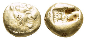 KINGS of LYDIA.Time of Alyattes-Kroisos. (610-546 BC). EL Trite.

Obv : Head of roaring lion right; star on forehead.

Rev : Two incuse square punches...