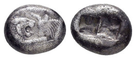 KINGS of LYDIA.Time of Kroisos.(Circa 561-546 BC). AR HalfStater.

Obv : Confronted foreparts of a roaring lion and a bull.

Rev : Double incuse punch...