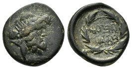 PHRYGIA. Eumeneia.(Circa 200-133 BC).Ae.

Obv : Laureate head of Zeus right.

Rev : EYME / NEΩN.
Legend in two lines within wreath.
SNG Copenhagen 377...