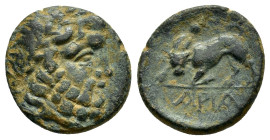 PISIDIA. Ariassos. (circa 150-50 BC).Ae.

Obv : Laureate head of bearded Zeus right.

Rev : APIA.
Humped bull butting left on ground line.
 SNG France...
