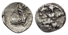 LYCAONIA.Laranda.( Circa 324-323 BC).Obol.

Obv : Λ.
Forepart of a wolf to right.

Rev : Baaltars seated left, holding grain ear, grapes, and sceptre....