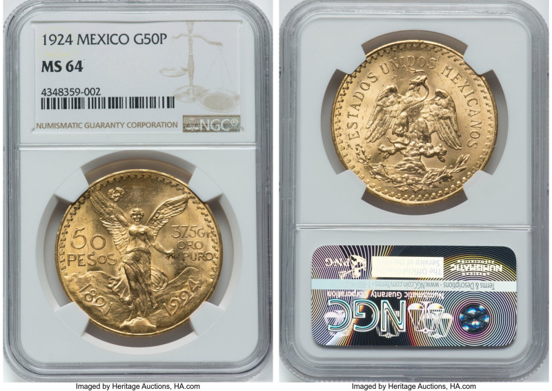 Estados Unidos gold 50 Pesos 1924 MS64 NGC, Mexico City mint, KM481, Fr-172. A g...