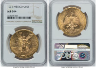 Estados Unidos gold 50 Pesos 1931 MS64+ NGC, Mexico City mint, KM481, Fr-172. Precisely struck and fully rendered motifs with excellent luster. HID098...