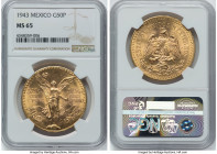 Estados Unidos gold 50 Pesos 1943-Mo MS65 NGC, Mexico City mint, KM482. A delightful offering with shimmering surfaces, retaining outstanding details ...