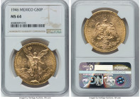 Estados Unidos gold 50 Pesos 1946 MS64 NGC, Mexico City mint, KM481. Centennial of Independence. A captivating offering with well defined details. HID...