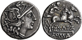 Pinarius Natta, 149 BC. Denarius (Silver, 17 mm, 3.42 g, 8 h), Rome. Head of Roma to right, wearing winged helmet; behind, X (mark of value). Rev. NAT...