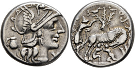 Sex. Pompeius Fostlus, 137 BC. Denarius (Silver, 18 mm, 3.91 g, 2 h), Rome. Head of Roma to right, wearing winged helmet, pendant earring and pearl ne...