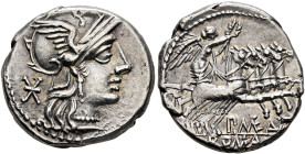P. Maenius Antiacus M.f, 132 BC. Denarius (Silver, 18 mm, 3.91 g, 4 h), Rome. Head of Roma to right, wearing winged helmet, pendant earring and pearl ...