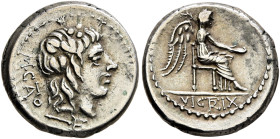 M. Cato, 89 BC. Quinarius (Silver, 14 mm, 2.21 g, 4 h), Rome. M•CATO Head of Liber with long hair to right, wearing wreath of ivy and fruit; below, tr...