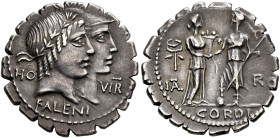Q. Fufius Calenus and Mucius Cordus, 68 BC. Denarius (Silver, 20 mm, 3.77 g, 6 h), Rome. HO - VI(RT) / KALENI Jugate heads of Honos, laureate, and Vir...