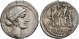 M. Junius Brutus, 54 BC. Denarius (Silver, 19 mm, 3.65 g, 9 h), Rome. LIBERTAS Head of Libertas to right, wearing pendant earring and necklace. Rev. B...