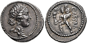 Julius Caesar, 49-44 BC. Denarius (Silver, 18 mm, 3.85 g, 7 h), military mint moving with Caesar in North Africa, 48-47. Diademed head of Venus to rig...