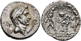 Sextus Pompey, 43-35 BC. Denarius (Silver, 18 mm, 3.52 g, 4 h), military mint in Sicily, 37-36. [MAG PIVS IMP ITER] Bare head of Cn. Pompeius Magnus t...
