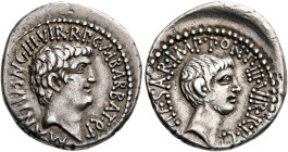 Mark Antony and Octavian. Denarius (Silver, 20 mm, 4.17 g, 12 h), with M. Barbatius, Ephesus (?), 41 BC. M•ANT IMP•AVG III•VIR•R•P•C•M BARBAT•Q•P Bare...