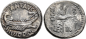 Mark Antony, 44-30 BC. Denarius (Silver, 17 mm, 2.94 g, 6 h), military mint moving with Mark Antony (Patrae?), 32-31. ANT•AVG - III VIR•R•P•C Galley r...