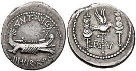 Mark Antony, 44-30 BC. Denarius (Silver, 19 mm, 3.56 g, 2 h), military mint moving with Mark Antony (Patrae?), 32-31. ANT•AVG III VIR R•P•C Galley rig...
