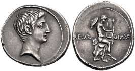 Octavian, 44-27 BC. Denarius (Silver, 20 mm, 3.80 g, 9 h), Brundisium or Rome, circa 32-29. Bare head of Octavian to right. Rev. CAESAR - DIVI F Mercu...