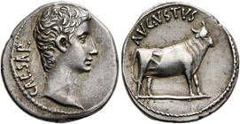 Augustus, 27 BC-AD 14. Denarius (Silver, 18 mm, 3.75 g, 12 h), Pergamum (?), circa 27 BC. CAESAR Bare head of Augustus to right. Rev. AVGVSTVS Bull st...