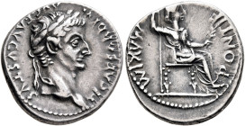 Tiberius, 14-37. Denarius (Silver, 18 mm, 3.80 g, 5 h), Lugdunum, group 4, circa 18-35. TI CAESAR DIVI AVG F AVGVSTVS Laureate head of Tiberius to rig...