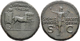 Germanicus, died 19. Dupondius (Orichalcum, 30 mm, 16.87 g, 8 h), Rome, struck under Gaius (Caligula), 37-41. GERMANICVS / CAESAR Germanicus, holding ...