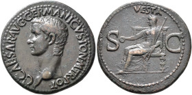 Gaius (Caligula), 37-41. As (Copper, 29 mm, 11.21 g, 6 h), Rome, 37-38. C•CAESAR•AVG•GERMANICVS•PON•M•TR•POT• Bare head of Gaius to left. Rev. VESTA /...