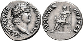 Nero, 54-68. Denarius (Silver, 18 mm, 3.44 g, 6 h), Rome, circa 64-65. NERO CAESAR AVGVSTVS Laureate head of Nero to right. Rev. IVPPITER CVSTOS Jupit...
