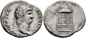 Nero, 54-68. Denarius (Silver, 19 mm, 3.20 g, 6 h), Rome, circa 65-66. NERO CAESAR AVGVSTVS Laureate head of Nero to right. Rev. VESTA The Temple of V...
