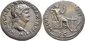 Nero, AD 54-68. Dupondius (Orichalcum, 29 mm, 14.40 g, 6 h), Lugdunum, circa 66. IMP NERO CAESAR AVG P MAX TR P P Laureate head of Nero to right; glob...