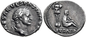 Vespasian, 69-79. Denarius (Silver, 18 mm, 3.29 g, 6 h), Rome, 69-70. [IMP C]AESAR VESPASIANV[S AVG] Laureate head of Vespasian to right. Rev. IVDAEA ...