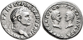 Vespasian, with Titus and Domitian as Caesares, 69-79. Denarius (Silver, 17 mm, 3.50 g, 6 h), Rome, 70. IMP CAESAR VESPASIANVS AVG Laureate head of Ve...
