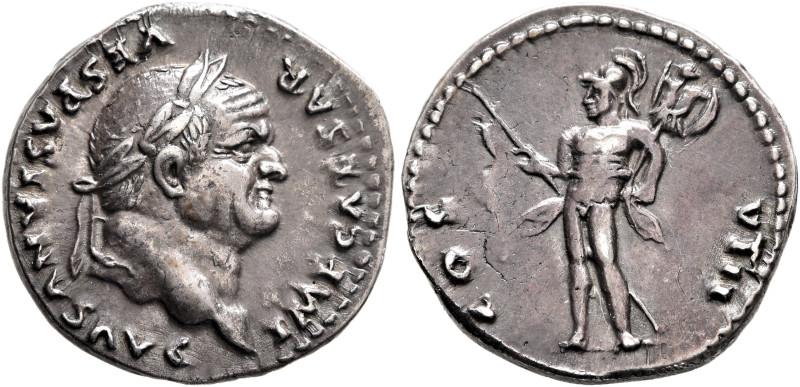 Vespasian, 69-79. Denarius (Silver, 18 mm, 3.50 g, 6 h), Rome, 77/8. IMP CAESAR ...